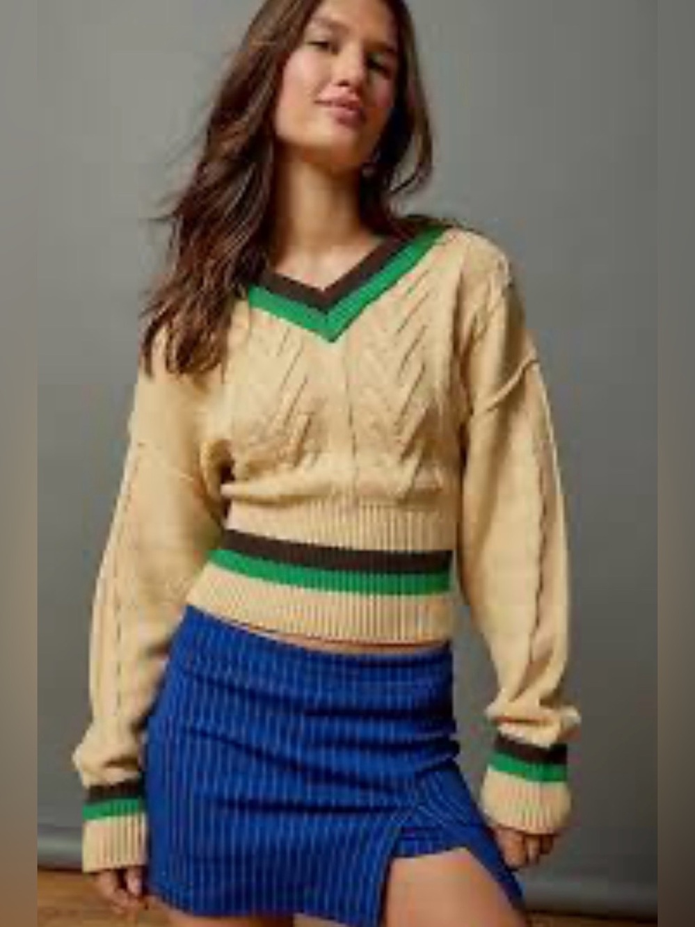 BDG Clarice Cable Knit V-Neck Sweater Cream/Green & Black Stripe M Collegiate
